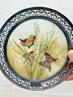 Vintage Webster Sterling Silver Round Butterfly Plaque Dried Flowers Glass