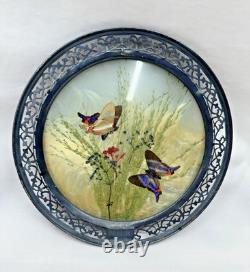 Vintage Webster Sterling Silver Round Butterfly Plaque Dried Flowers Glass