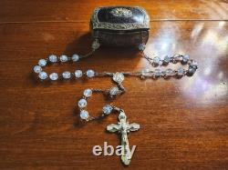 Vintage cAP Sterling Silver Blue Art Glass Beaded Rosary & Vtg Art Nouveau Box