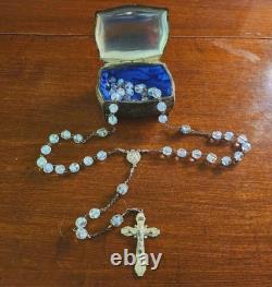 Vintage cAP Sterling Silver Blue Art Glass Beaded Rosary & Vtg Art Nouveau Box