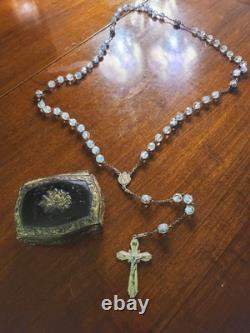 Vintage cAP Sterling Silver Blue Art Glass Beaded Rosary & Vtg Art Nouveau Box