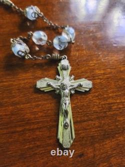 Vintage cAP Sterling Silver Blue Art Glass Beaded Rosary & Vtg Art Nouveau Box