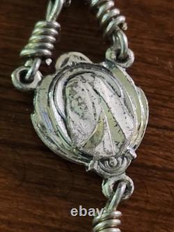 Vintage cAP Sterling Silver Blue Art Glass Beaded Rosary & Vtg Art Nouveau Box