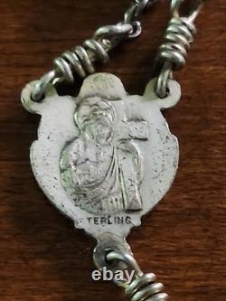 Vintage cAP Sterling Silver Blue Art Glass Beaded Rosary & Vtg Art Nouveau Box