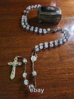 Vintage cAP Sterling Silver Blue Art Glass Beaded Rosary & Vtg Art Nouveau Box