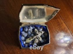Vintage cAP Sterling Silver Blue Art Glass Beaded Rosary & Vtg Art Nouveau Box