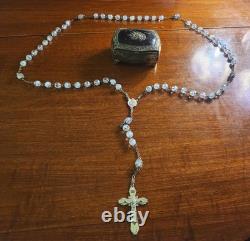 Vintage cAP Sterling Silver Blue Art Glass Beaded Rosary & Vtg Art Nouveau Box