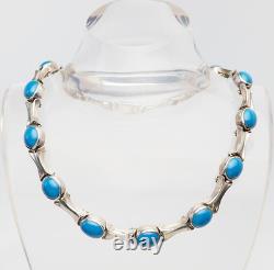Vintage modern sterling silver oval blue glass link necklace Mexico
