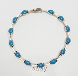 Vintage modern sterling silver oval blue glass link necklace Mexico