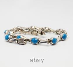 Vintage modern sterling silver oval blue glass link necklace Mexico