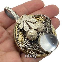 Vintage sterling Silver & 10k gold dome Moonstone glass brooch pendant artisan