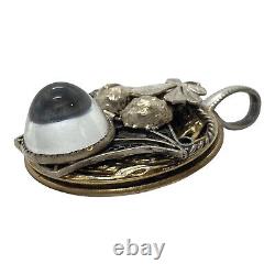 Vintage sterling Silver & 10k gold dome Moonstone glass brooch pendant artisan