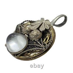 Vintage sterling Silver & 10k gold dome Moonstone glass brooch pendant artisan