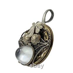 Vintage sterling Silver & 10k gold dome Moonstone glass brooch pendant artisan