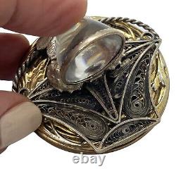 Vintage sterling Silver & 10k gold dome Moonstone glass brooch pendant artisan