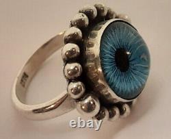 Vintage sterling Silver Bead Art Glass Blue Eye Ring Sz 7 925 20mm wide heirloom