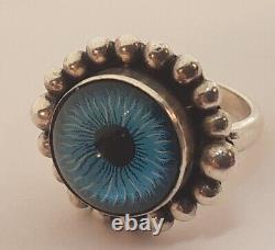 Vintage sterling Silver Bead Art Glass Blue Eye Ring Sz 7 925 20mm wide heirloom
