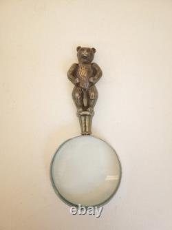 Vintage sterling silver magnifying glass teddy bear handle European standing