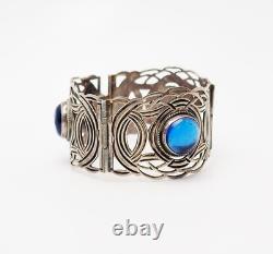 Vintage wide ornate sterling silver blue glass cabochons bracelet
