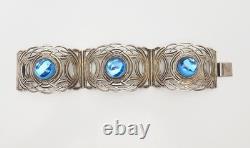 Vintage wide ornate sterling silver blue glass cabochons bracelet