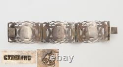 Vintage wide ornate sterling silver blue glass cabochons bracelet