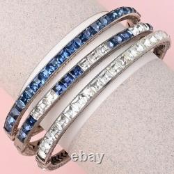 Vtg 1930s Art Deco Channel Set Foiled Glass Sterling Silver Bangle Bracelet