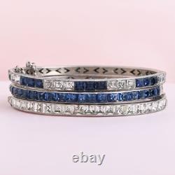 Vtg 1930s Art Deco Channel Set Foiled Glass Sterling Silver Bangle Bracelet