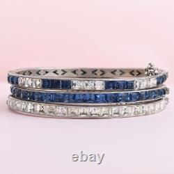 Vtg 1930s Art Deco Channel Set Foiled Glass Sterling Silver Bangle Bracelet