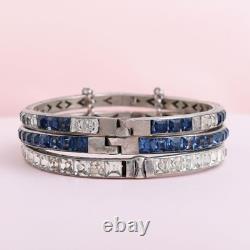 Vtg 1930s Art Deco Channel Set Foiled Glass Sterling Silver Bangle Bracelet