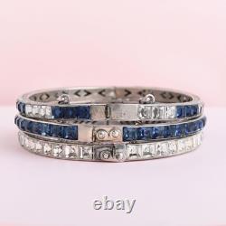 Vtg 1930s Art Deco Channel Set Foiled Glass Sterling Silver Bangle Bracelet