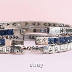 Vtg 1930s Art Deco Channel Set Foiled Glass Sterling Silver Bangle Bracelet