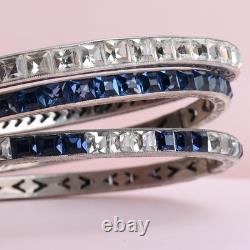 Vtg 1930s Art Deco Channel Set Foiled Glass Sterling Silver Bangle Bracelet