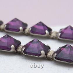 Vtg 1930s Art Deco Foiled Reverse Set Amethyst Glass Sterling Silver Necklace