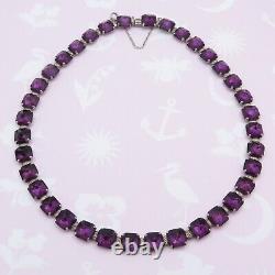 Vtg 1930s Art Deco Foiled Reverse Set Amethyst Glass Sterling Silver Necklace