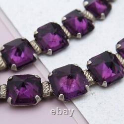 Vtg 1930s Art Deco Foiled Reverse Set Amethyst Glass Sterling Silver Necklace