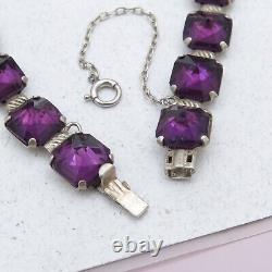 Vtg 1930s Art Deco Foiled Reverse Set Amethyst Glass Sterling Silver Necklace