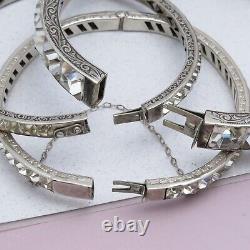 Vtg 1930s Art Deco Glass Paste Channel Sterling Silver Bangle Bracelets Set