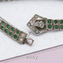 Vtg 1930s Art Deco Green Glass Paste Buckle Sterling Silver Diamonbar Bracelet