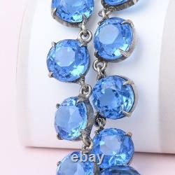 Vtg 1930s Art Deco Open Back Ocean Bluw Glass Crystal Sterling Silver Necklace