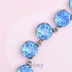 Vtg 1930s Art Deco Open Back Ocean Bluw Glass Crystal Sterling Silver Necklace