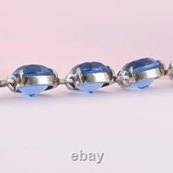 Vtg 1930s Art Deco Open Back Ocean Bluw Glass Crystal Sterling Silver Necklace