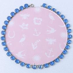 Vtg 1930s Art Deco Open Back Ocean Bluw Glass Crystal Sterling Silver Necklace