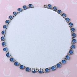 Vtg 1930s Art Deco Open Back Ocean Bluw Glass Crystal Sterling Silver Necklace