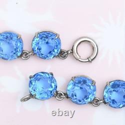 Vtg 1930s Art Deco Open Back Ocean Bluw Glass Crystal Sterling Silver Necklace