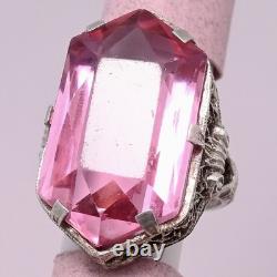 Vtg 1930s Art Deco Pink Glass Sterling Silver Filigree s 5.5 Ring