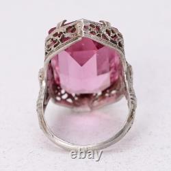 Vtg 1930s Art Deco Pink Glass Sterling Silver Filigree s 5.5 Ring