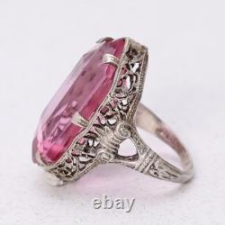 Vtg 1930s Art Deco Pink Glass Sterling Silver Filigree s 5.5 Ring