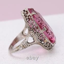 Vtg 1930s Art Deco Pink Glass Sterling Silver Filigree s 5.5 Ring
