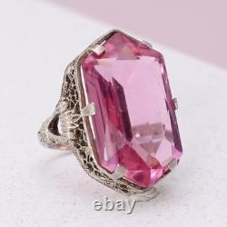 Vtg 1930s Art Deco Pink Glass Sterling Silver Filigree s 5.5 Ring