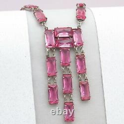 Vtg 1930s Art Deco Sterling Silver Pink Open Back Glass Crystal Dangle Necklace